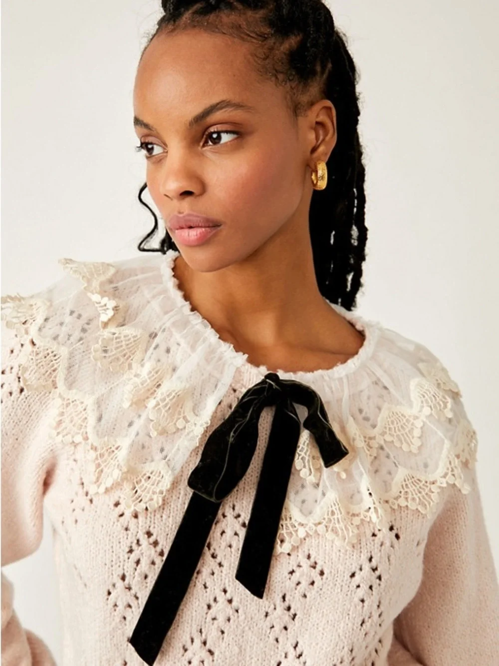 Free People Hold Me Closer Sweater with Lace Collar & Velvet Bow